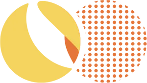 Two overlapping circles, one made of yellow swirls and one made of orange dots
