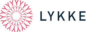 Three concentric circles formed out of "Y" characters in pink, with "Lykke" next to it in dark navy capitals