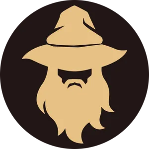A brown circle with a light brown silhouette of a bearded figure wearing a pointed wizard hat