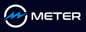Meter logo: white text on a navy background, with a circle with a blue lightning bolt through it horizontally