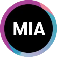 Black circle reading "MIA", surrounded by a purple, blue, and pink border