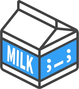An illustrated cardboard milk carton, with "MILK" printed on one surface and ";_;" (a crying emoji) on the other