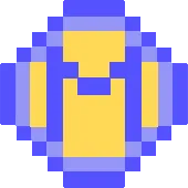 A pixel art blue and yellow coin with an M on it