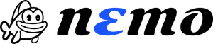 A black line-art illustration of a smiling fish, followed by "nemo" in italic serif font. The text is black except for a blue e