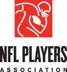 A red square with a white outline illustration of a person holding a football, with "NFL Players Association" below it in black capitals