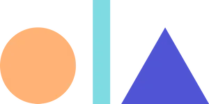 An orange circle, cyan rectangle, and blue triangle resembling the letters "OLA"