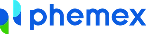 Two rounded vertical lines in white, green, and blue, followed by "phemex" in blue