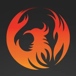 A red-to-orange gradient silhouette of a phoenix with flamelike wings held up around it in a circle, on a black background.