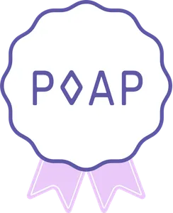 "POAP" in purple text, with a diamond-shaped O, inside a circular medal-with-ribbon shape with wavy edges