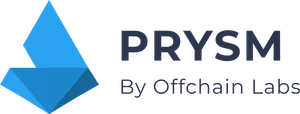 A blue prism shape with a notch cut out of it, followed by "Prysm by Offchain Labs"