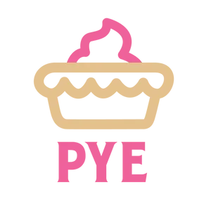 Pye logo, a neon-light styled illustration of a pie with pink topping, and the word "PYE" in pink below it