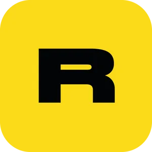 A black block "R" on a yellow background
