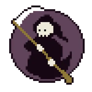 A pixel art grim reaper on a purple circle background