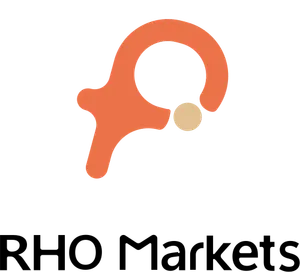 A greek rho symbol in orange, with a lighter orange dot on the bottom right of it. "RHO Markets" is underneath in dark text.