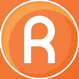 An orange circle with a white outline on an orange background, with a white R