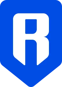 A white R on a blue rectangle background that is pointed into an arrow at the bottom