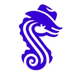 A blue line-art drawing of a seahorse wearing a cowboy hat
