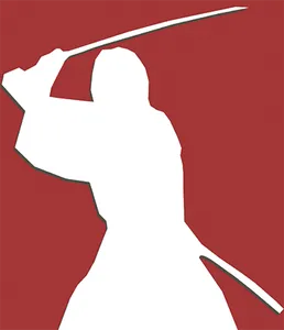 A white silhouette of a person swinging a katana, overlaid over dark red