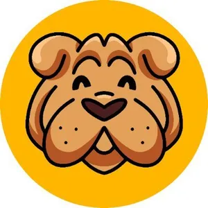 An illustration of a Sharpei dog's face, on a circular yellow background