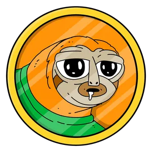 An illustration of a drooling orange sloth in a green shirt on a circular background