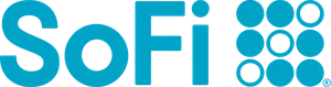 "SoFi" in teal sans serif, followed by a 3x3 grid of circles with the three in the upper left and bottom right corners filled in