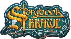 An illustration made to look like an old timey pub sign, with yellow calligraphy text reading "Storybook Brawl" on a green background