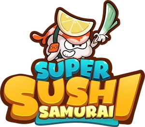 A cartoon illustration of a piece of sashimi with a lemon slice on top brandishing a sword, with the text "Super Sushi Samurai" below