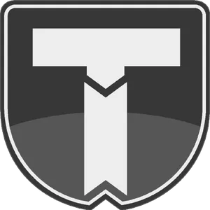 A grey badge shape with a white T on it