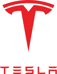 A red T with a curved top and pointy vertical descender, above the text "Tesla"