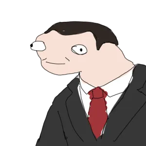 A poorly drawn cartoon of a man in a suit and tie with eyes pointing in different directions