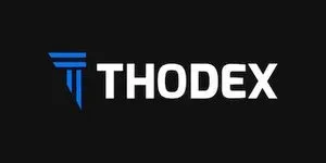 Thodex logo, all caps white text on black background, with a stylized blue T to the left