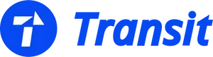 A blue circle with a white T made out of three polygons, followed by "Transit" in blue text