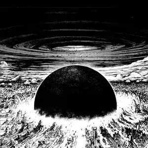 A black and white illustration of a black sphere appearing to break out of the ground, under a roiling sky