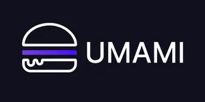 A stylized white illustration representing a burger, with a horizontal purple line representing the patty, followed by "Umami" in white capitals