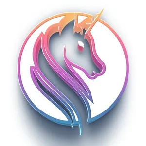 A white circle with a unicorn-shaped cutout, outlined in pastel rainbows