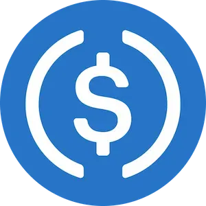 USDC logo, a blue circle with a white circle and dollar sign on it