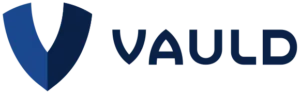 A V shape formed by navy blue and a darker navy blue curved lines, followed by the text "Vauld" in capital navy letters