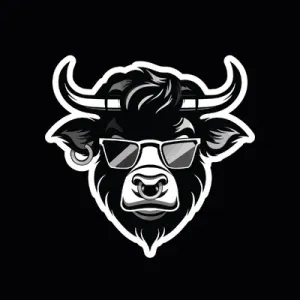 A black-and-white illustration of a bull head wearing sunglasses, on a black background