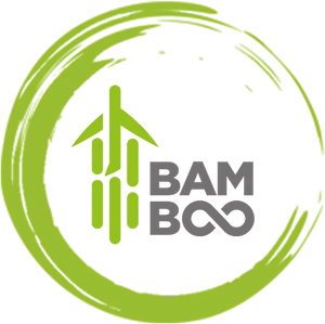 A green paintbrush circle, with bamboo sticks turning into an upward-facing airplane inside. Next to the sticks is "Bamboo" in grey capitals, with an infinity symbol for the O's.