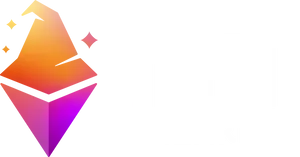 A purple and orange wizard hat, with an inverted triangle below it to make it look like the Ethereum logo, next to white text that says "NFT Wizards"