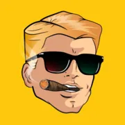 An illustration of a blond man wearing dark shades and smoking a cigar on a yellow background