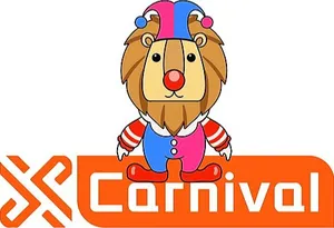 An illustrated lion in a jester costume with a clown nose, above an orange logo reading "XCarnival"