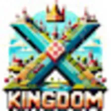 A pixel art image of an X, with a crown above it and grass and buildings on it, with "Kingdom" below in pixel letters