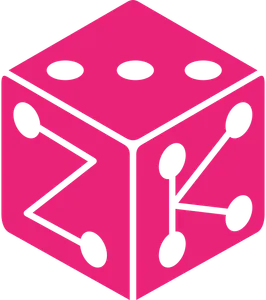 A pink six-sided die, with connected dots on its front two faces resembling a Z and K
