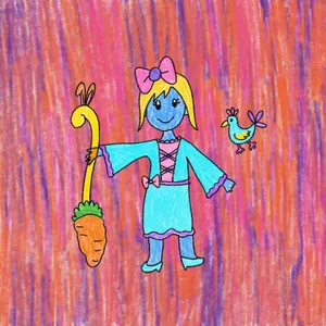 A simplistic drawing of a girl holding a broom with a carrot at the end of it. She has blue skin and there is a bird next to her.