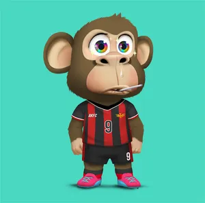 A brown ape with rainbow eyes, a drip of snot coming from his nose, and a lollipop stick sticking out of his mouth, wears a black and red jersey and shorts and pink sneakers