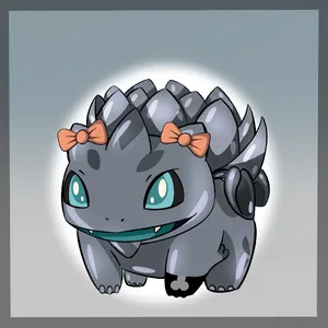 A Bulbasaur character from Pokemon, recolored to be silver, with orange bows on its ears