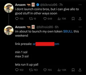 Tweet by real Ansem account: i dont launch coins bros, but i can give allo to good stuff in other ways soon
Tweet by fake Ansem account closely resembling the one above it: 
im about to launch my own token $BULL this weekend
link presale: [redacted link]
min 1 sol
max 3 sol
lets run it up yall