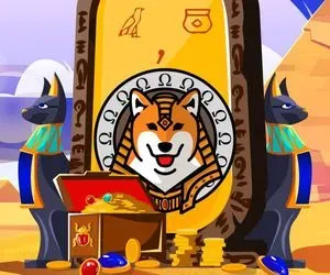 An illustration of two black Egyptian dog sculptures facing outwards, from a pillar. On the pillar is a circular insignia with a shiba inu wearing a pharoah-like headdress. Bordering the circle is the Greek omega symbol. In front of the pillar is an open treasure chest with stacks of gold coins and jewels.