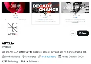 Twitter account for Art3.io. Description reads, "We are ART3. A better way to discover, collect, buy and sell NFT photographic art."